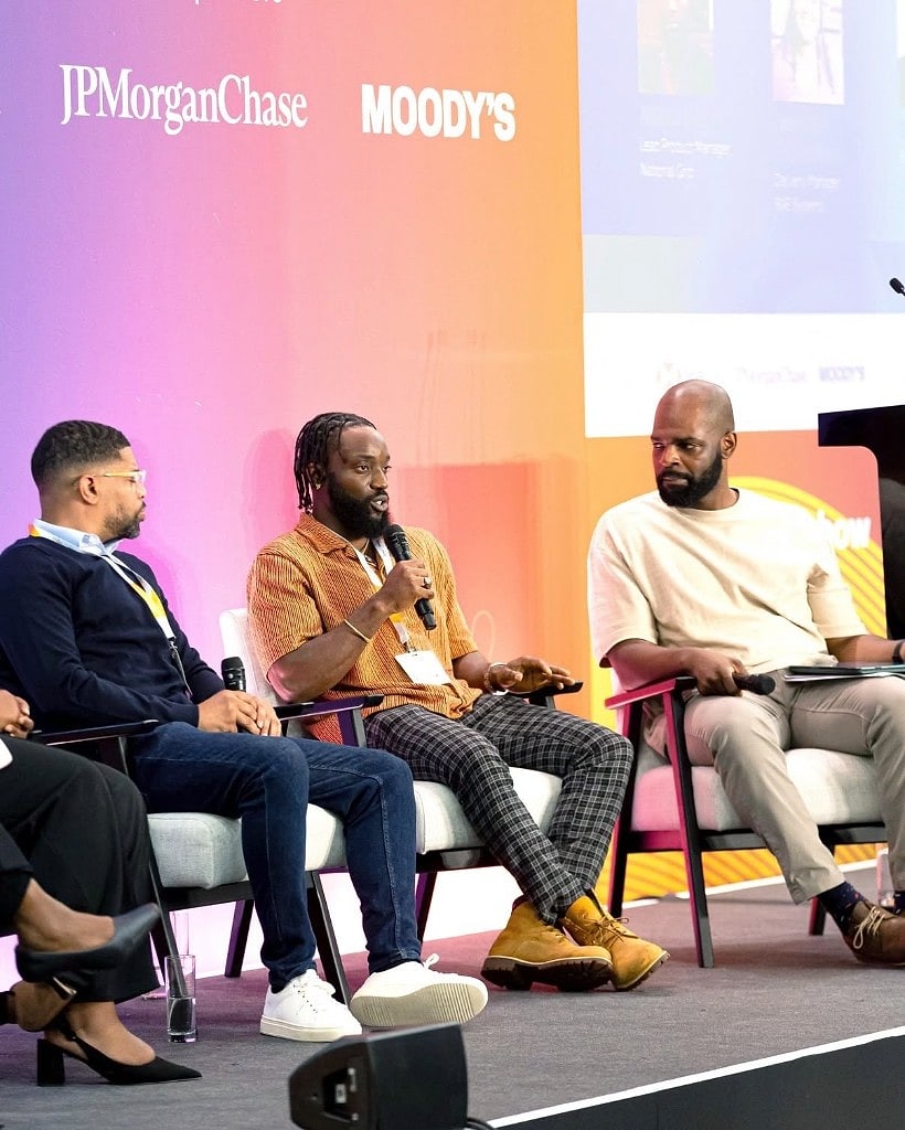 Abba Lawal speaking on a panel at the UK Black Business Show 2024 (JPMorgan Chase / Moody’s stage).
